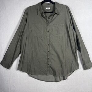 Westport Womens 1X Olive Green Floral Embroidered Back Button Down Shirt Top